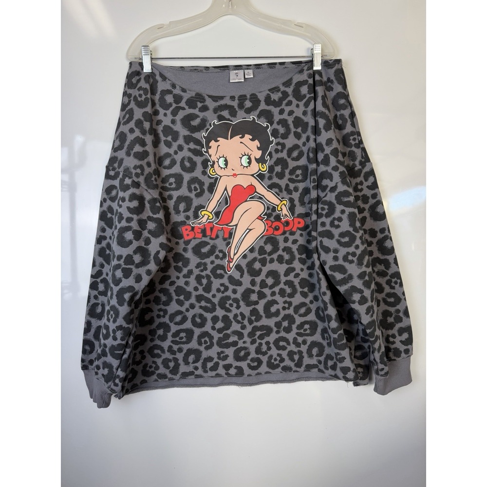 Betty Boop Sweatshirt Womens 2X Gray Leopard Print Off Shoulder Pullover Top